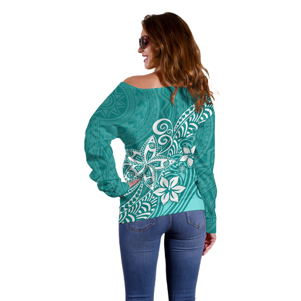Polynesia Off Shoulder Sweater Plumeria Teal Curves - Wonder Print Shop
