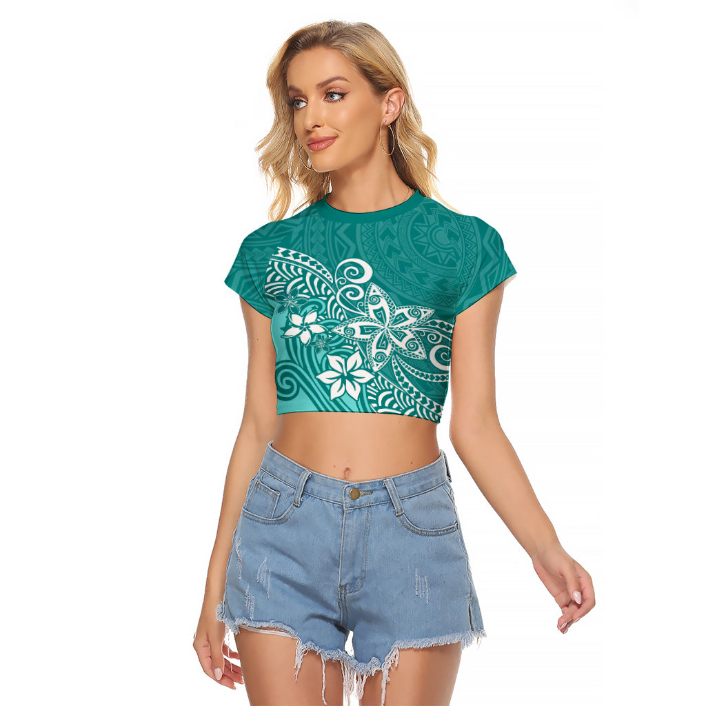 Polynesia Raglan Cropped T Shirt Plumeria Teal Curves - Wonder Print Shop