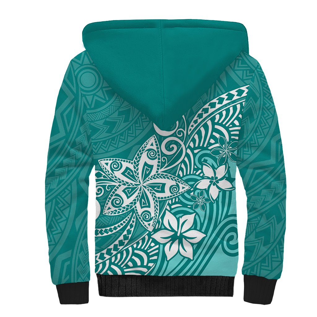 Polynesia Sherpa Hoodie Plumeria Teal Curves - Wonder Print Shop