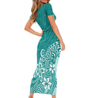 Polynesia Short Sleeve Bodycon Dress Plumeria Teal Curves - Wonder Print Shop