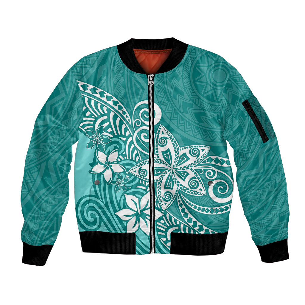 Polynesia Sleeve Zip Bomber Jacket Plumeria Teal Curves - Wonder Print Shop