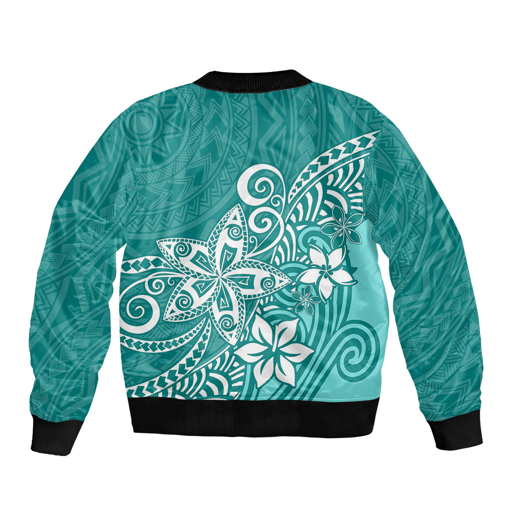 Polynesia Sleeve Zip Bomber Jacket Plumeria Teal Curves - Wonder Print Shop
