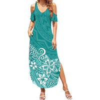Polynesia Summer Maxi Dress Plumeria Teal Curves - Wonder Print Shop