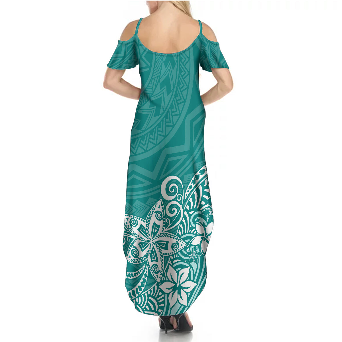 Polynesia Summer Maxi Dress Plumeria Teal Curves - Wonder Print Shop