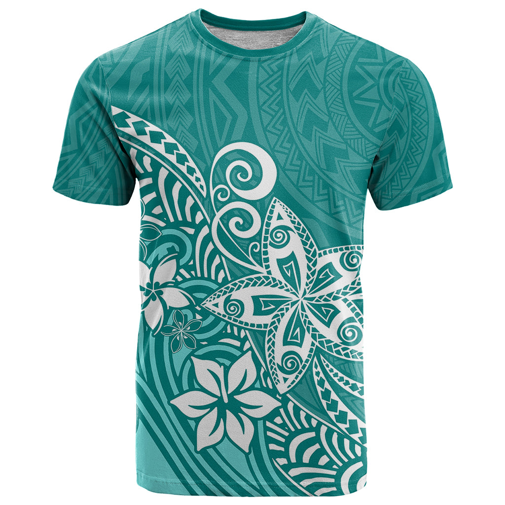 Polynesia T Shirt Plumeria Teal Curves - Wonder Print Shop