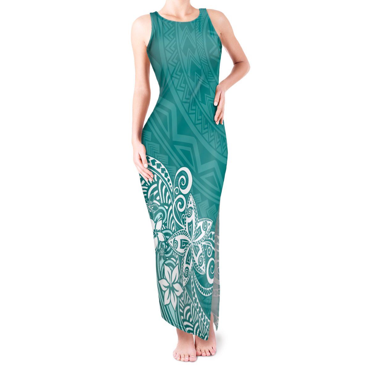Polynesia Tank Maxi Dress Plumeria Teal Curves - Wonder Print Shop