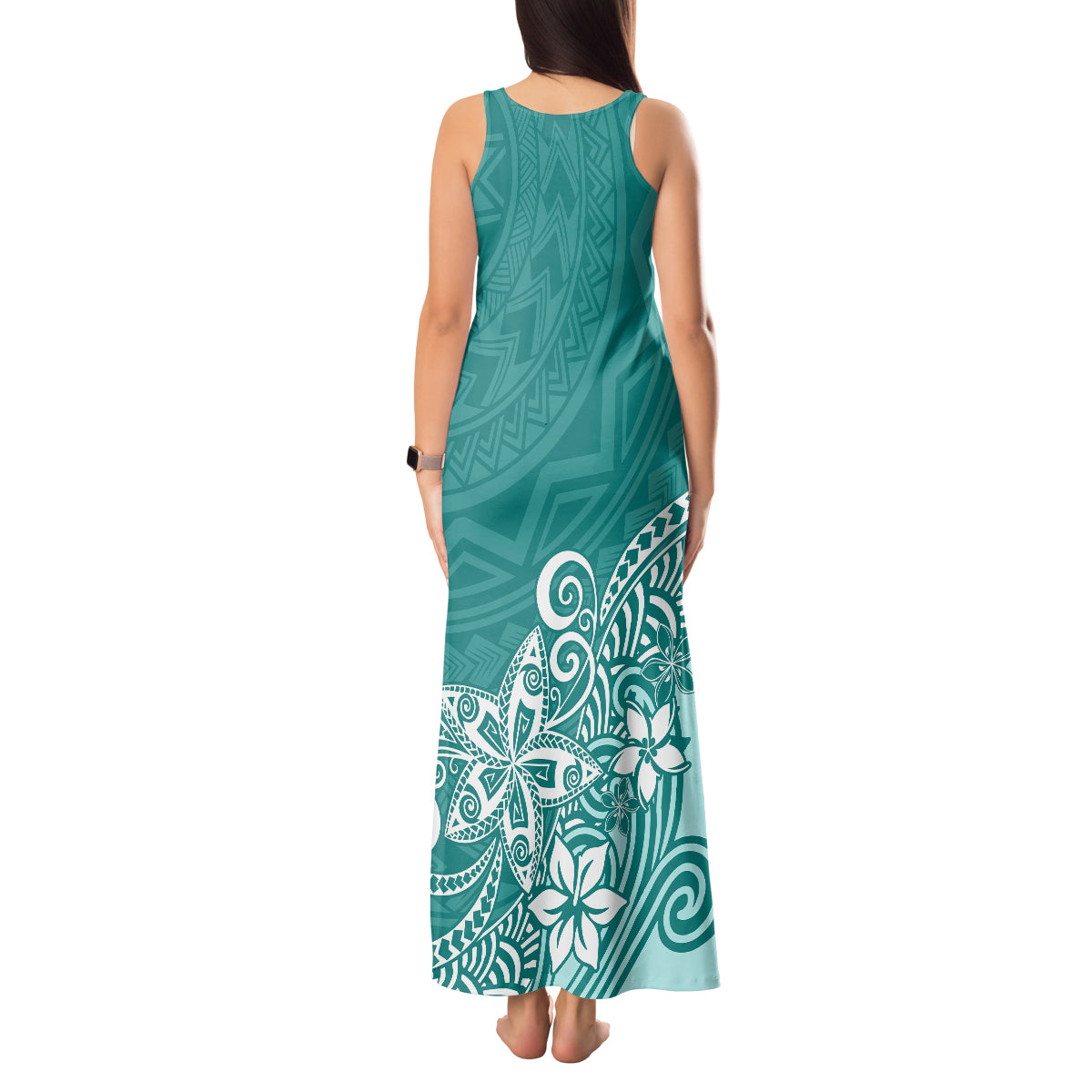 Polynesia Tank Maxi Dress Plumeria Teal Curves - Wonder Print Shop