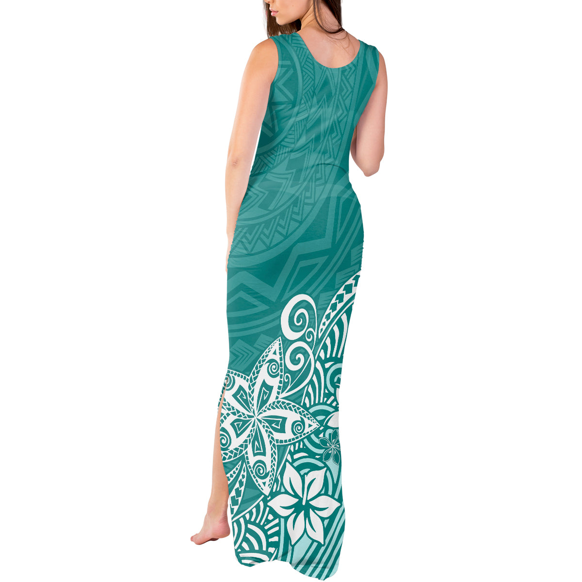 Polynesia Tank Maxi Dress Plumeria Teal Curves - Wonder Print Shop
