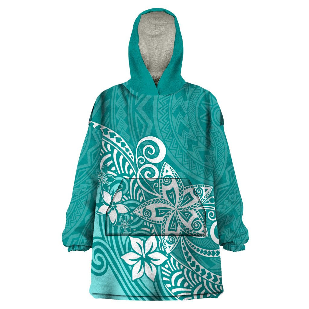 Polynesia Wearable Blanket Hoodie Plumeria Teal Curves - Wonder Print Shop