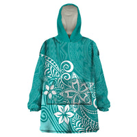 Polynesia Wearable Blanket Hoodie Plumeria Teal Curves - Wonder Print Shop