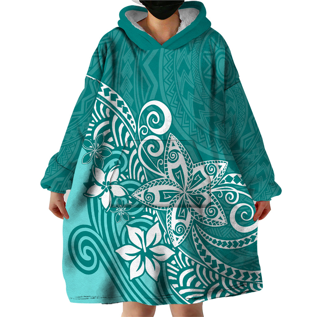 Polynesia Wearable Blanket Hoodie Plumeria Teal Curves - Wonder Print Shop