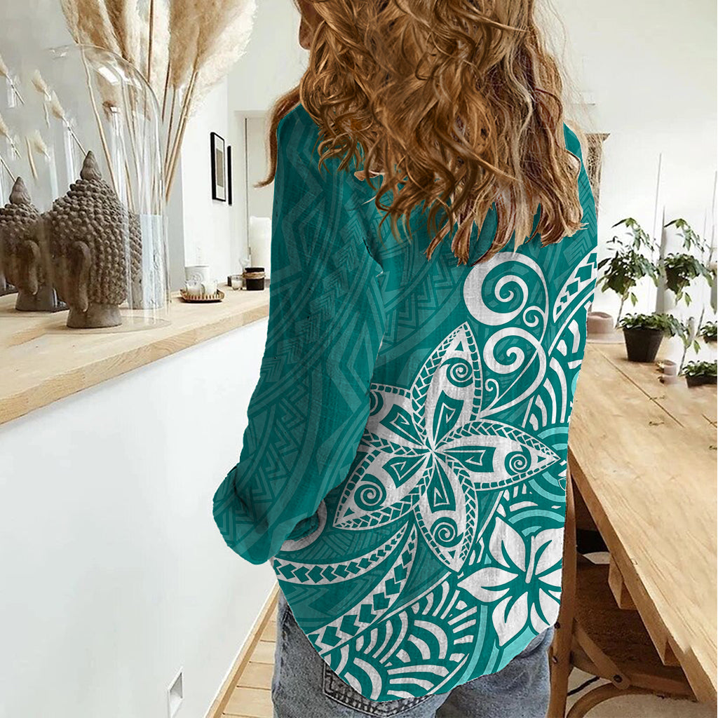 Polynesia Women Casual Shirt Plumeria Teal Curves - Wonder Print Shop
