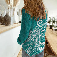 Polynesia Women Casual Shirt Plumeria Teal Curves - Wonder Print Shop
