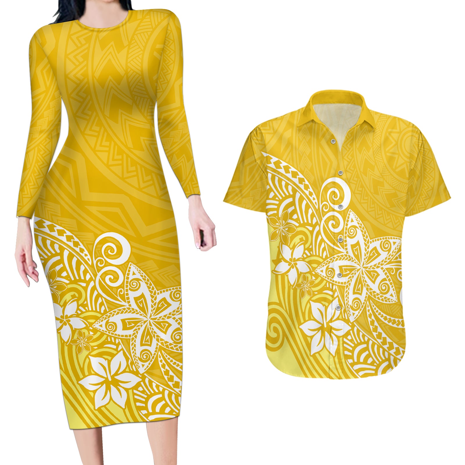 Polynesia Couples Matching Long Sleeve Bodycon Dress and Hawaiian Shirt Plumeria Yellow Curves LT7 - Wonder Print Shop