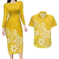 Polynesia Couples Matching Long Sleeve Bodycon Dress and Hawaiian Shirt Plumeria Yellow Curves LT7 - Wonder Print Shop