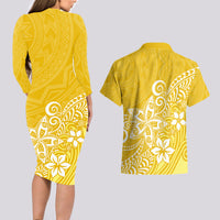 Polynesia Couples Matching Long Sleeve Bodycon Dress and Hawaiian Shirt Plumeria Yellow Curves LT7 - Wonder Print Shop