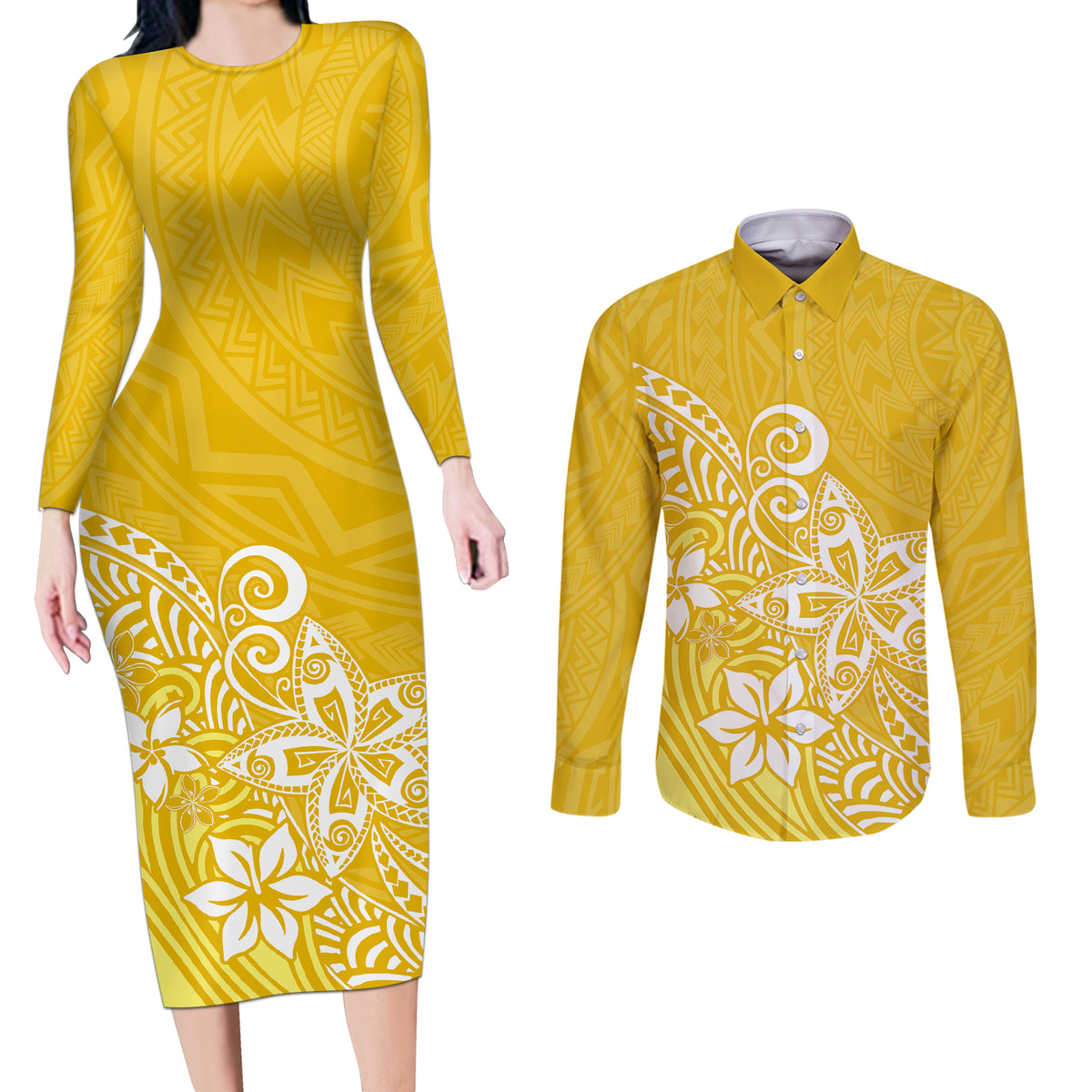 Polynesia Couples Matching Long Sleeve Bodycon Dress and Long Sleeve Button Shirts Plumeria Yellow Curves LT7 - Wonder Print Shop