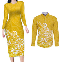 Polynesia Couples Matching Long Sleeve Bodycon Dress and Long Sleeve Button Shirts Plumeria Yellow Curves LT7 - Wonder Print Shop