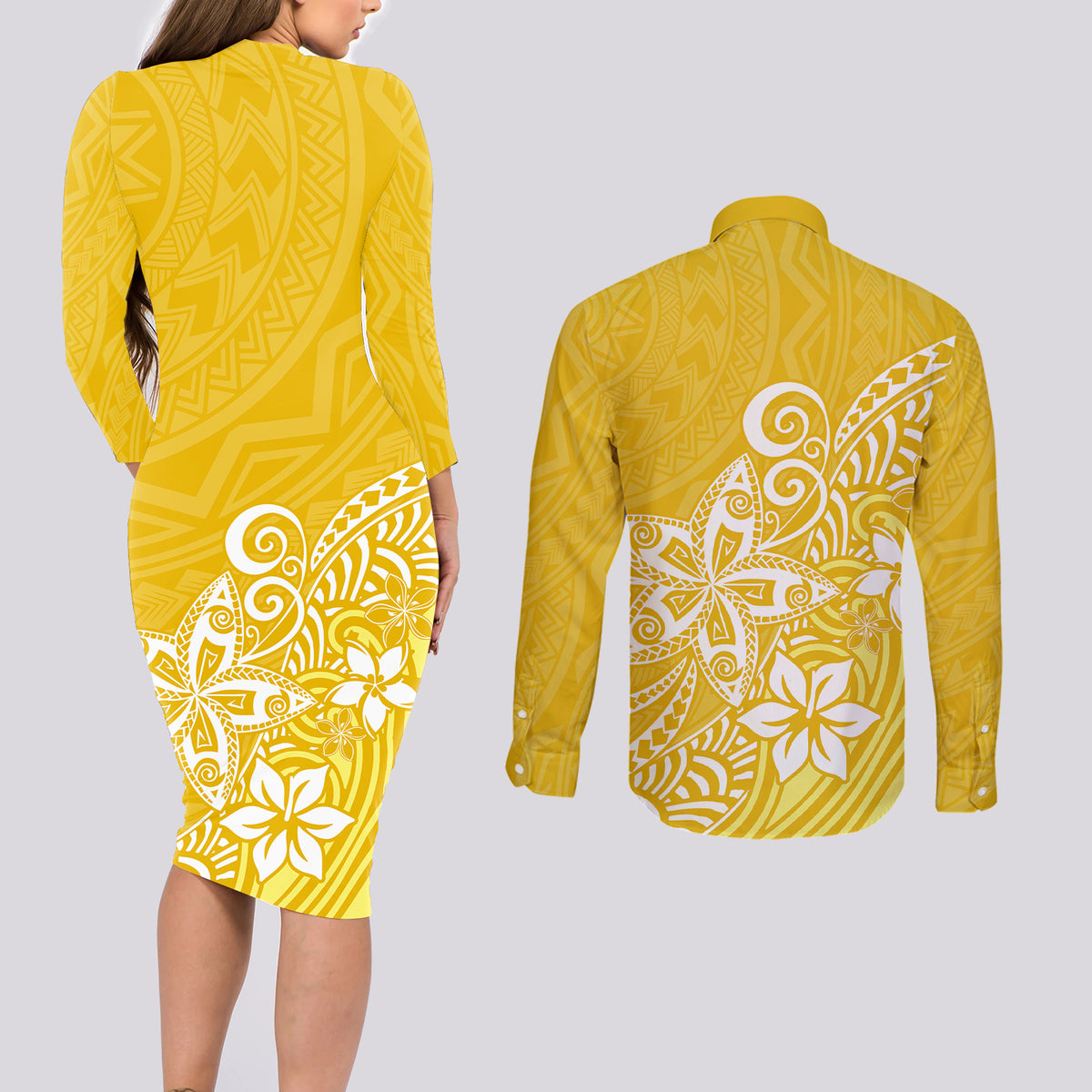 Polynesia Couples Matching Long Sleeve Bodycon Dress and Long Sleeve Button Shirts Plumeria Yellow Curves LT7 - Wonder Print Shop