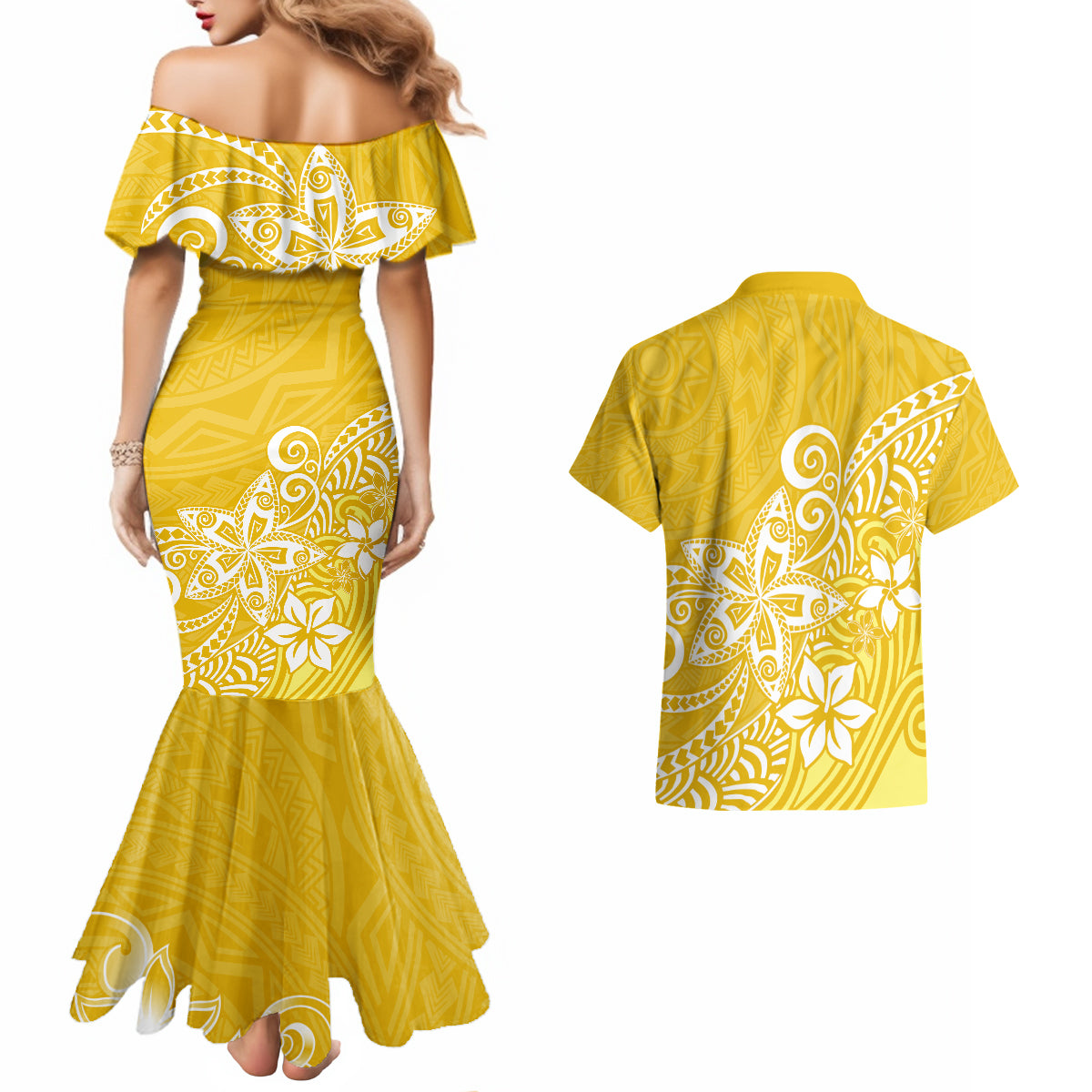 Polynesia Couples Matching Mermaid Dress And Hawaiian Shirt Plumeria Yellow Curves LT7 - Wonder Print Shop