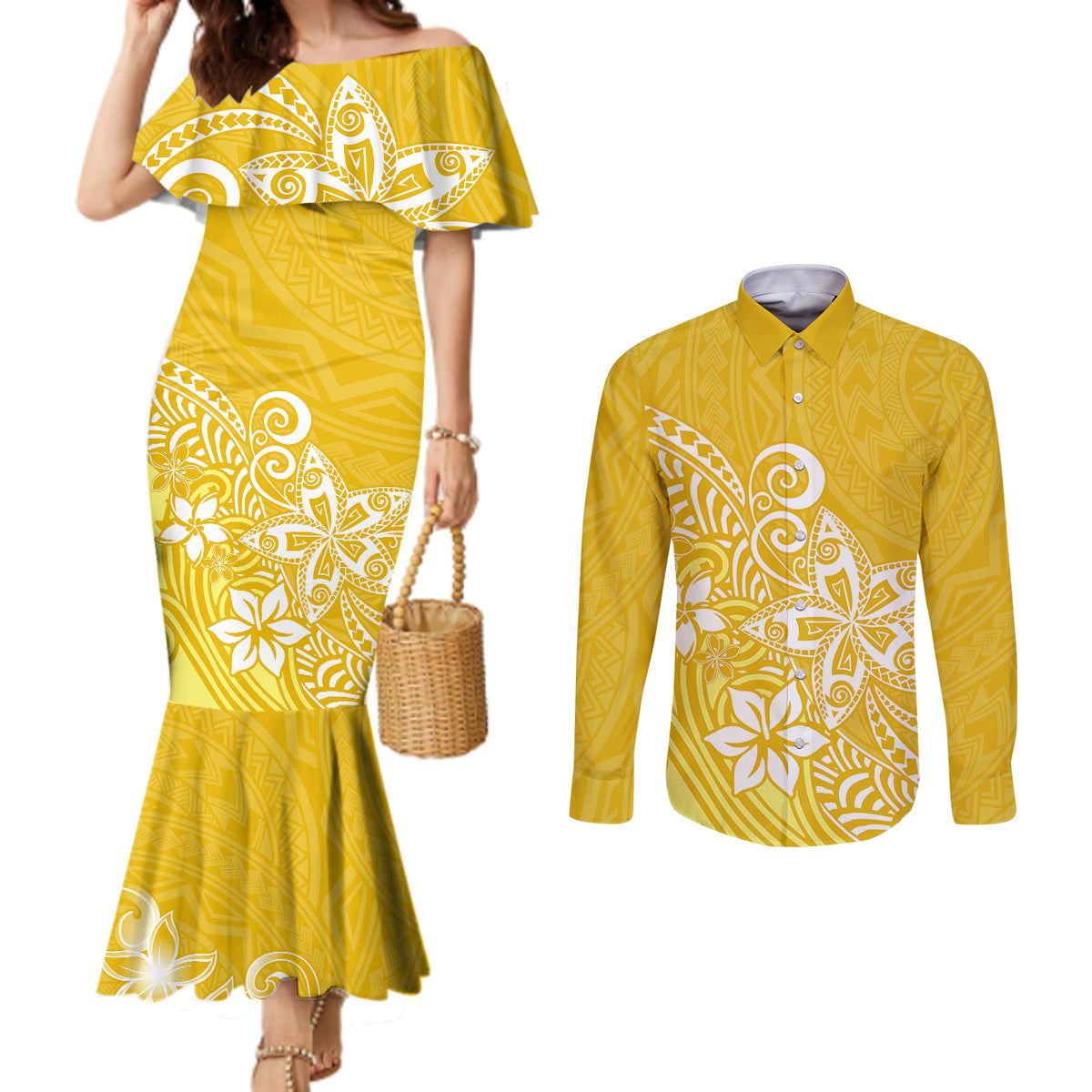 polynesia-couples-matching-mermaid-dress-and-long-sleeve-button-shirts-plumeria-yellow-curves