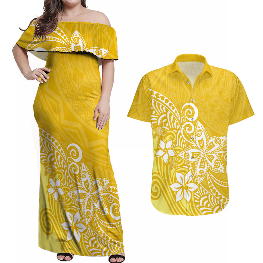 Polynesia Couples Matching Off Shoulder Maxi Dress and Hawaiian Shirt Plumeria Yellow Curves LT7 - Wonder Print Shop