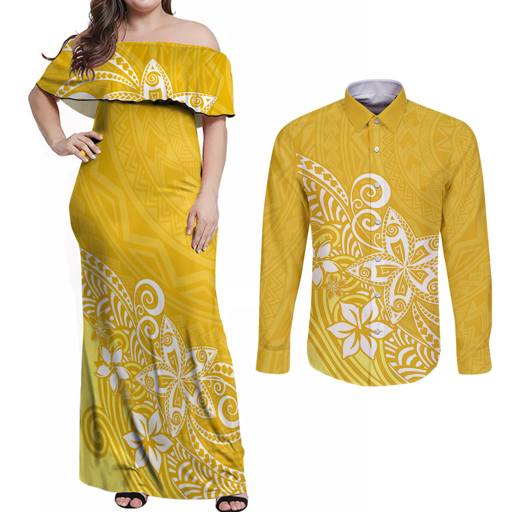 Polynesia Couples Matching Off Shoulder Maxi Dress and Long Sleeve Button Shirts Plumeria Yellow Curves LT7 - Wonder Print Shop