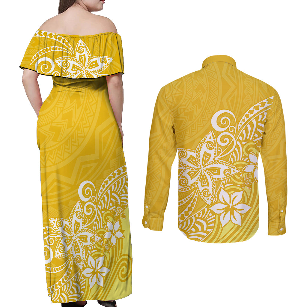Polynesia Couples Matching Off Shoulder Maxi Dress and Long Sleeve Button Shirts Plumeria Yellow Curves LT7 - Wonder Print Shop