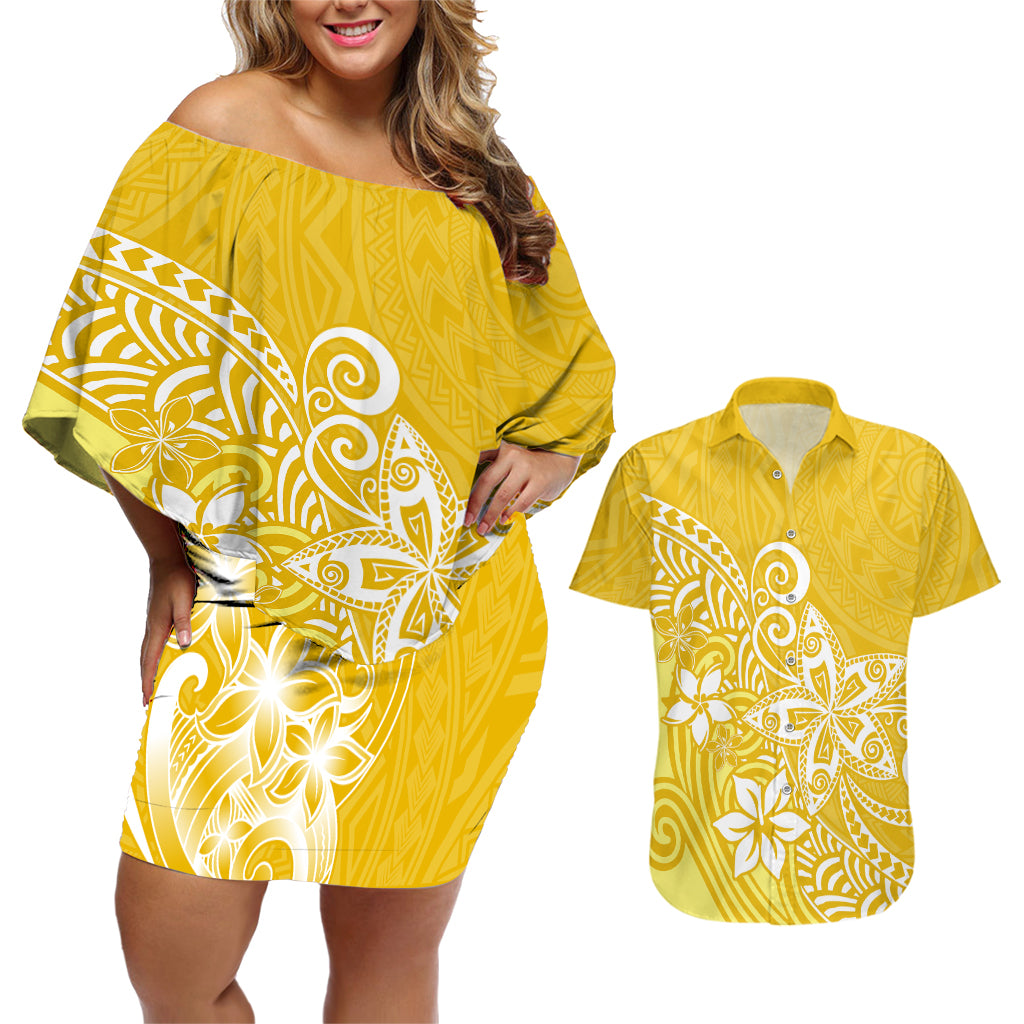 Polynesia Couples Matching Off Shoulder Short Dress and Hawaiian Shirt Plumeria Yellow Curves LT7 - Wonder Print Shop