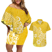 Polynesia Couples Matching Off Shoulder Short Dress and Hawaiian Shirt Plumeria Yellow Curves LT7 - Wonder Print Shop