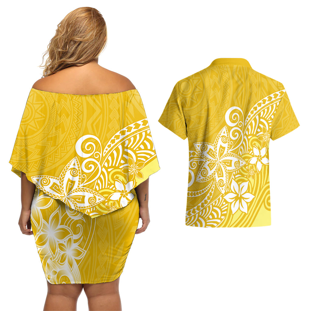 Polynesia Couples Matching Off Shoulder Short Dress and Hawaiian Shirt Plumeria Yellow Curves LT7 - Wonder Print Shop