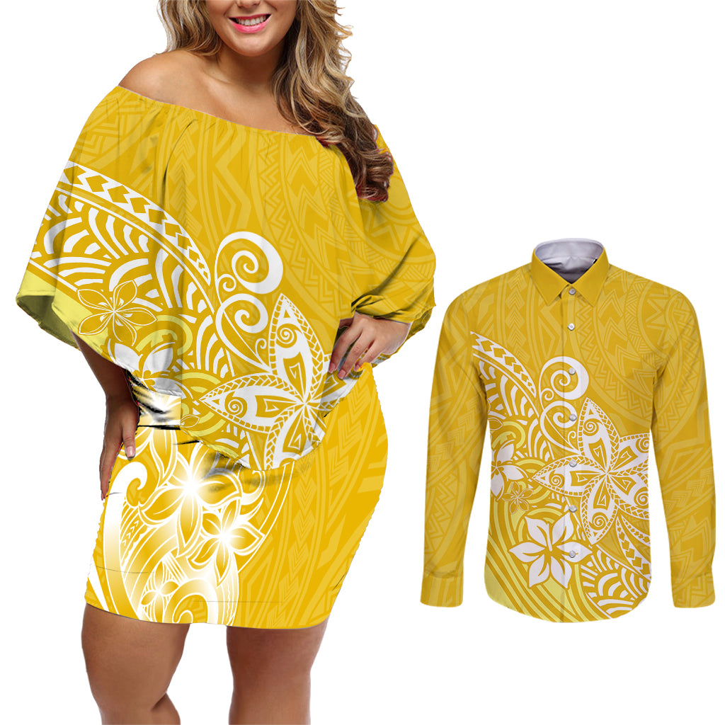 Polynesia Couples Matching Off Shoulder Short Dress and Long Sleeve Button Shirts Plumeria Yellow Curves LT7 - Wonder Print Shop
