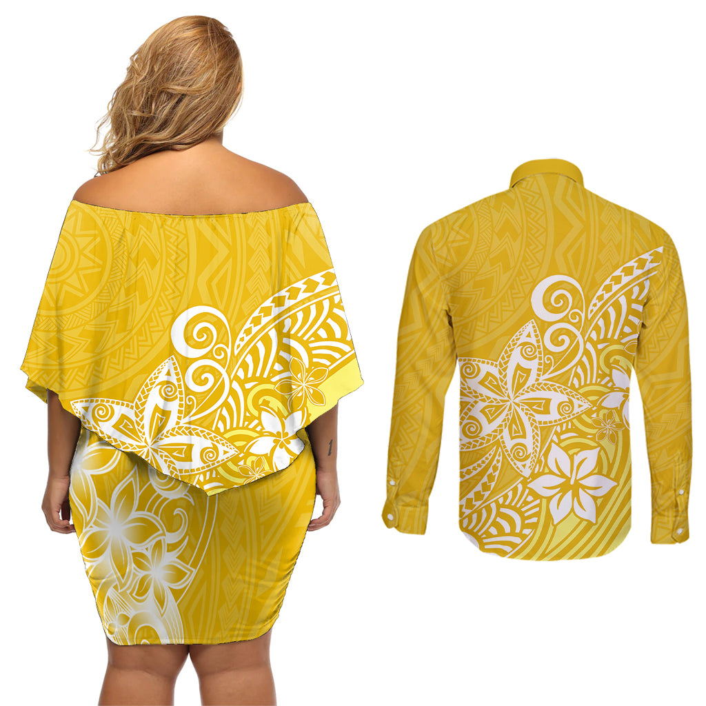 Polynesia Couples Matching Off Shoulder Short Dress and Long Sleeve Button Shirts Plumeria Yellow Curves LT7 - Wonder Print Shop