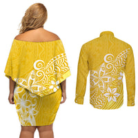 Polynesia Couples Matching Off Shoulder Short Dress and Long Sleeve Button Shirts Plumeria Yellow Curves LT7 - Wonder Print Shop