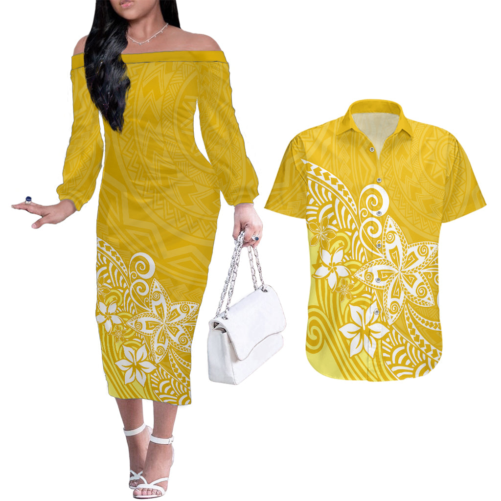 Polynesia Couples Matching Off The Shoulder Long Sleeve Dress and Hawaiian Shirt Plumeria Yellow Curves LT7 - Wonder Print Shop