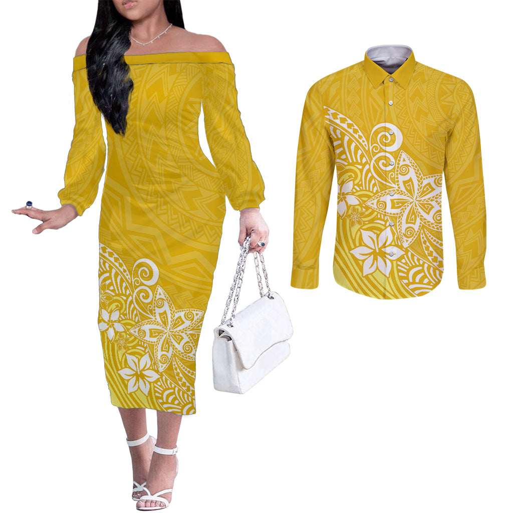 polynesia-couples-matching-off-the-shoulder-long-sleeve-dress-and-long-sleeve-button-shirts-plumeria-yellow-curves
