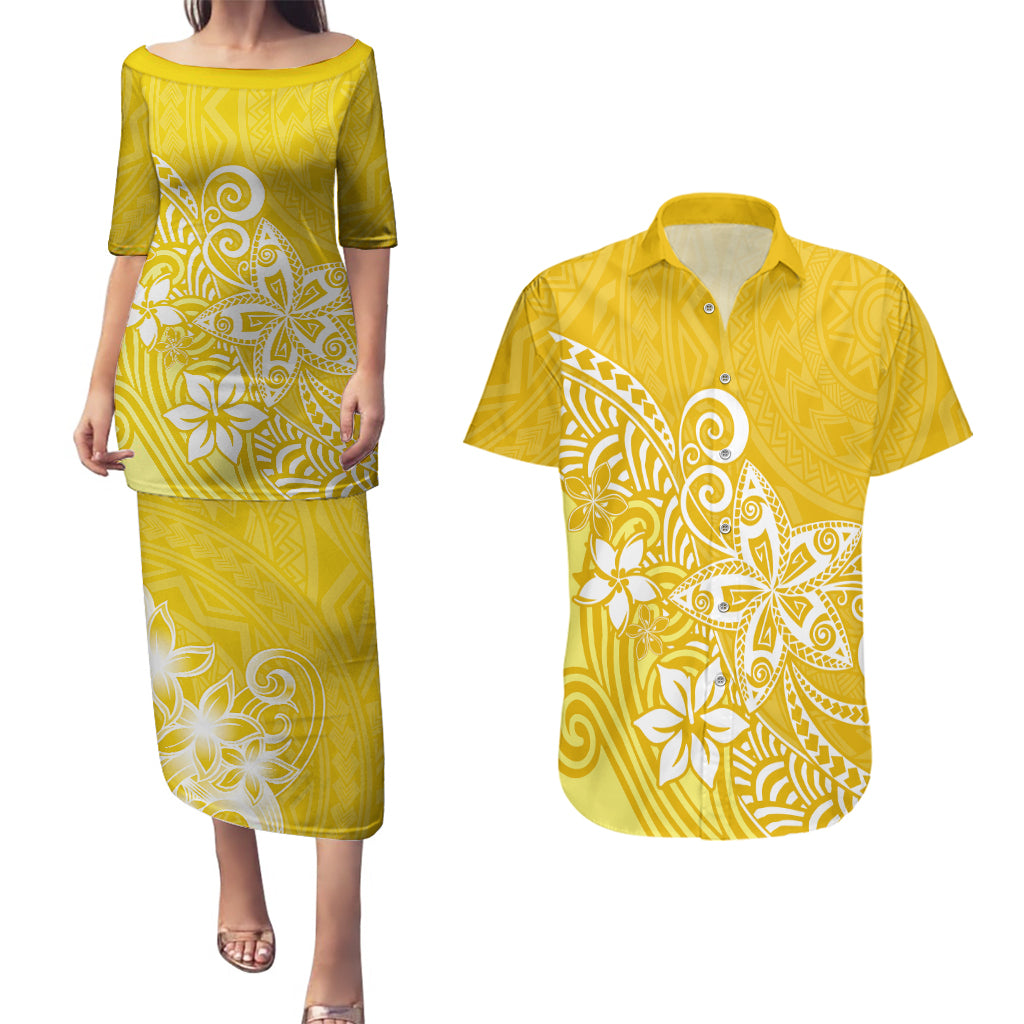 Polynesia Couples Matching Puletasi Dress and Hawaiian Shirt Plumeria Yellow Curves LT7 - Wonder Print Shop