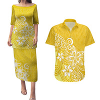 Polynesia Couples Matching Puletasi Dress and Hawaiian Shirt Plumeria Yellow Curves LT7 - Wonder Print Shop