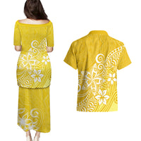 Polynesia Couples Matching Puletasi Dress and Hawaiian Shirt Plumeria Yellow Curves LT7 - Wonder Print Shop