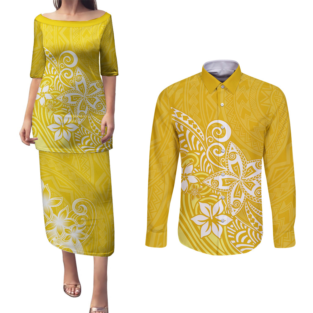 Polynesia Couples Matching Puletasi Dress and Long Sleeve Button Shirts Plumeria Yellow Curves LT7 - Wonder Print Shop