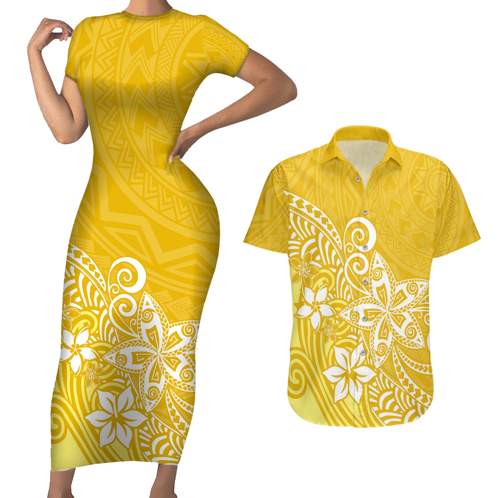 Polynesia Couples Matching Short Sleeve Bodycon Dress and Hawaiian Shirt Plumeria Yellow Curves LT7 - Wonder Print Shop