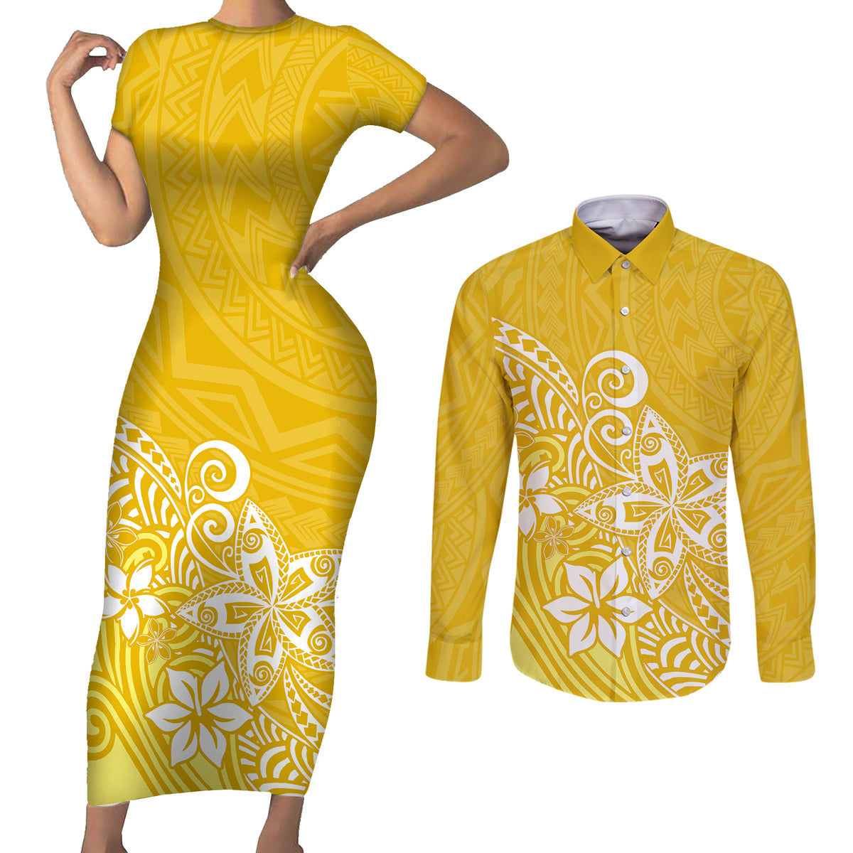 Polynesia Couples Matching Short Sleeve Bodycon Dress and Long Sleeve Button Shirts Plumeria Yellow Curves LT7 - Wonder Print Shop
