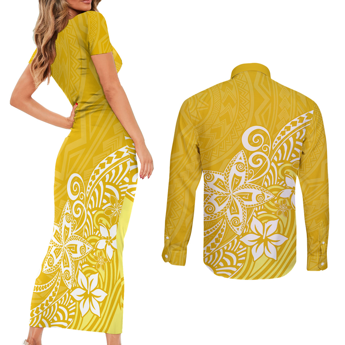 Polynesia Couples Matching Short Sleeve Bodycon Dress and Long Sleeve Button Shirts Plumeria Yellow Curves LT7 - Wonder Print Shop