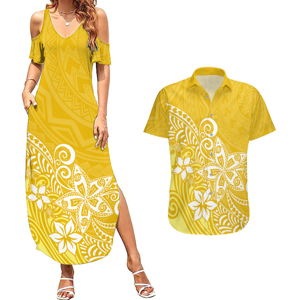 Polynesia Couples Matching Summer Maxi Dress and Hawaiian Shirt Plumeria Yellow Curves LT7 - Wonder Print Shop