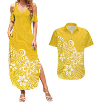 Polynesia Couples Matching Summer Maxi Dress and Hawaiian Shirt Plumeria Yellow Curves LT7 - Wonder Print Shop