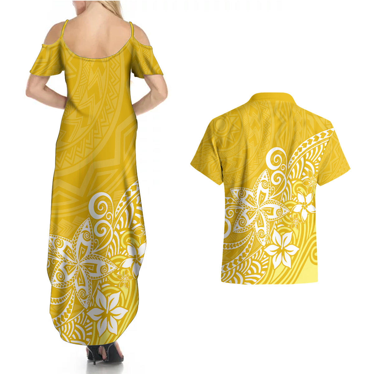 Polynesia Couples Matching Summer Maxi Dress and Hawaiian Shirt Plumeria Yellow Curves LT7 - Wonder Print Shop