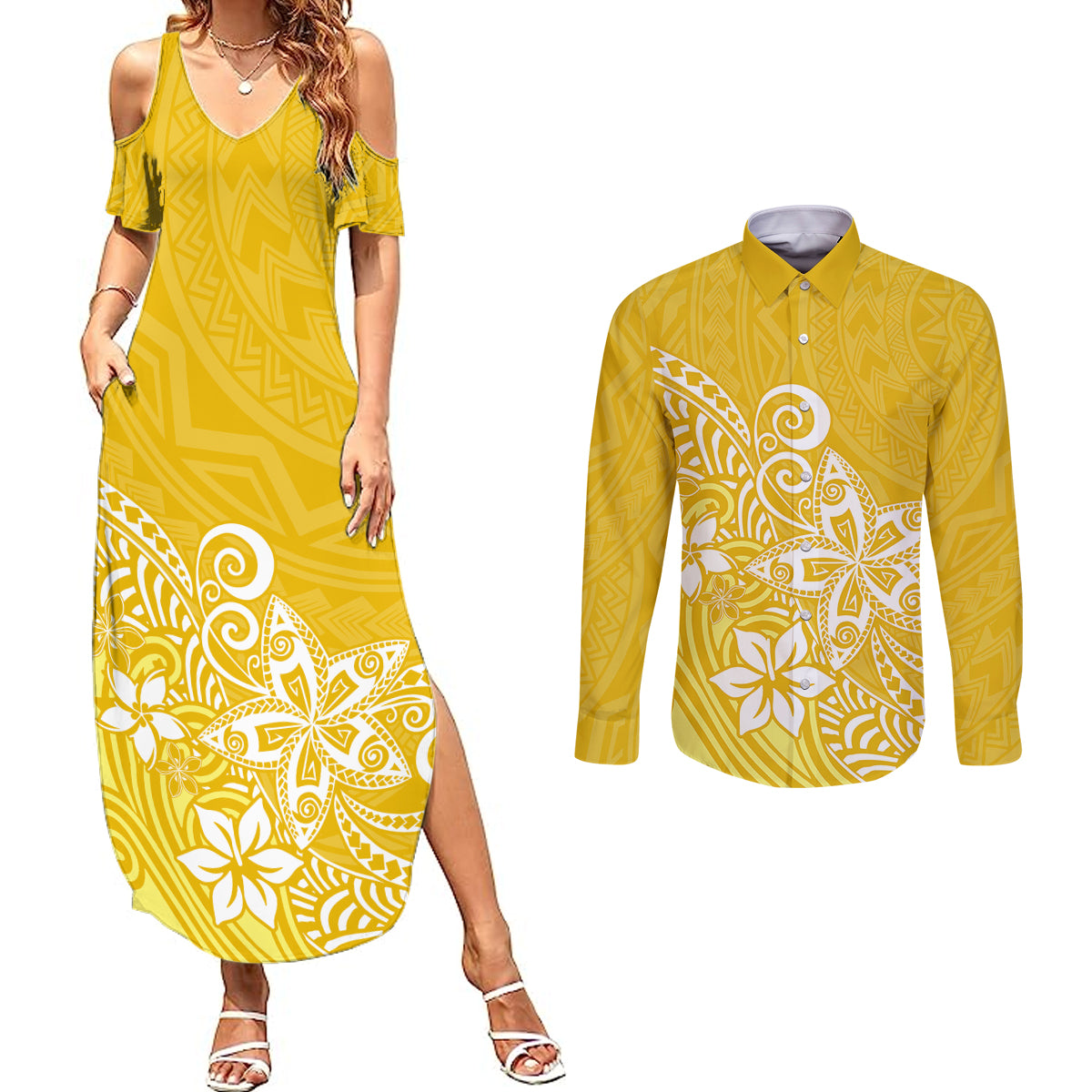 Polynesia Couples Matching Summer Maxi Dress and Long Sleeve Button Shirts Plumeria Yellow Curves LT7 - Wonder Print Shop