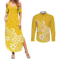 Polynesia Couples Matching Summer Maxi Dress and Long Sleeve Button Shirts Plumeria Yellow Curves LT7 - Wonder Print Shop