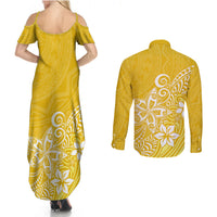Polynesia Couples Matching Summer Maxi Dress and Long Sleeve Button Shirts Plumeria Yellow Curves LT7 - Wonder Print Shop