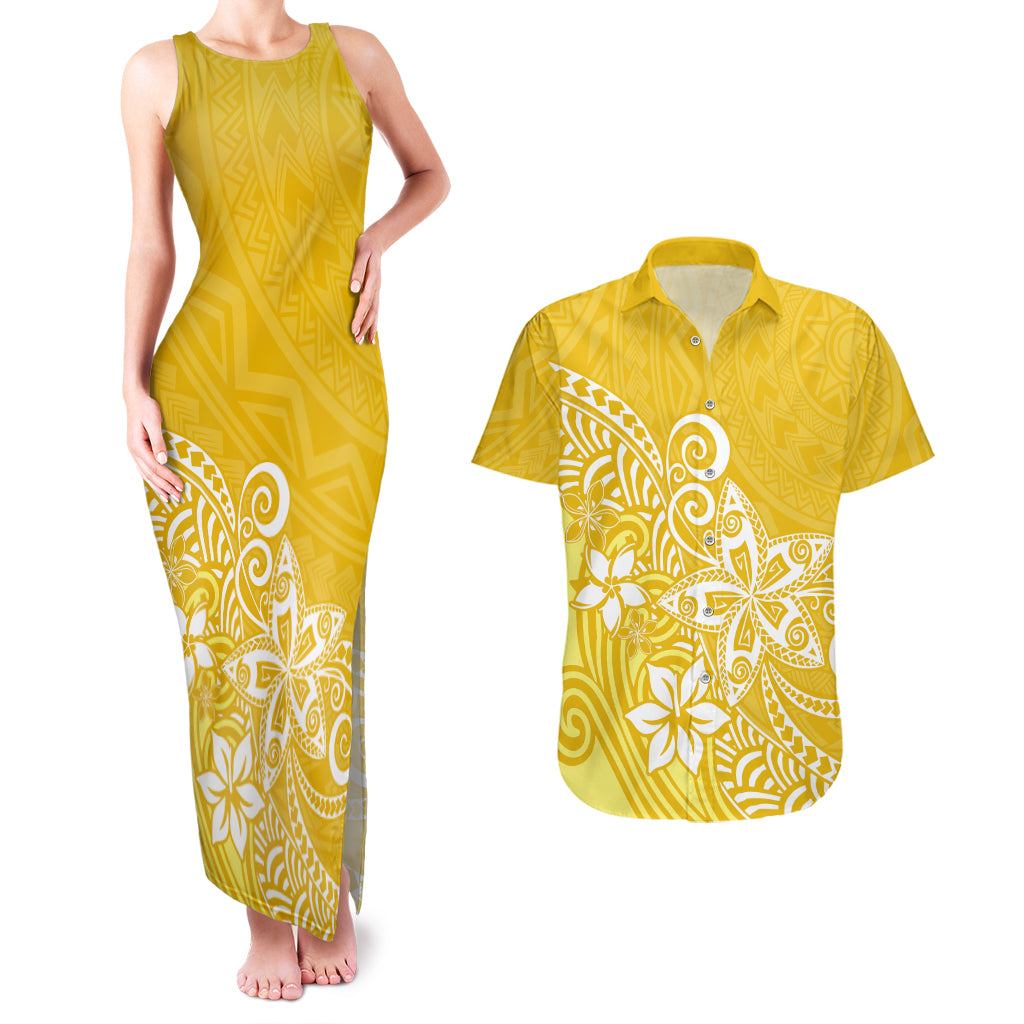 Polynesia Couples Matching Tank Maxi Dress And Hawaiian Shirt Plumeria Yellow Curves LT7 - Wonder Print Shop